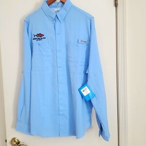 BNWT men's Columbia PFG fishing shirt/blue Lg R Smoking Tuna Saloon